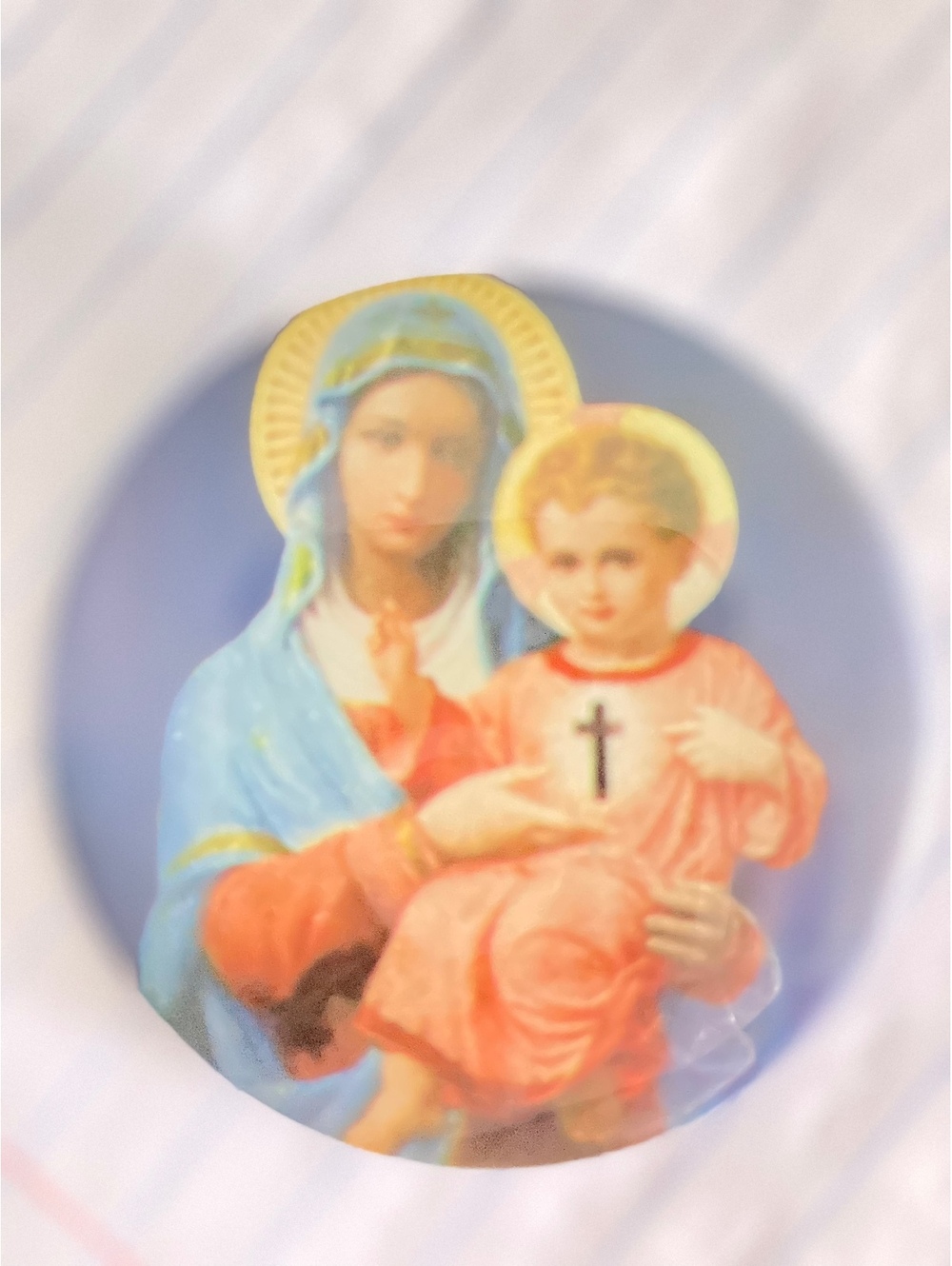 Vintage button pin Virgin Mary holding baby Jesus